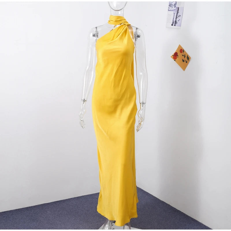 Sexy Satin Ribbon Party Dress Women Elegant Halter Backless Off Shoulder Sleeveless Female Dresses 2024 Summer Solid Robe Gown