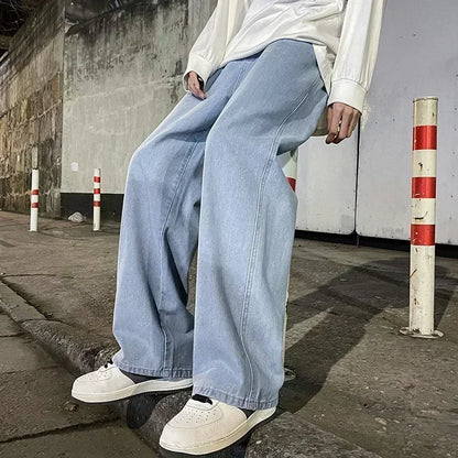 Mens Loose Streetwear Jeans Straight Wide Leg Black Or Light Blue