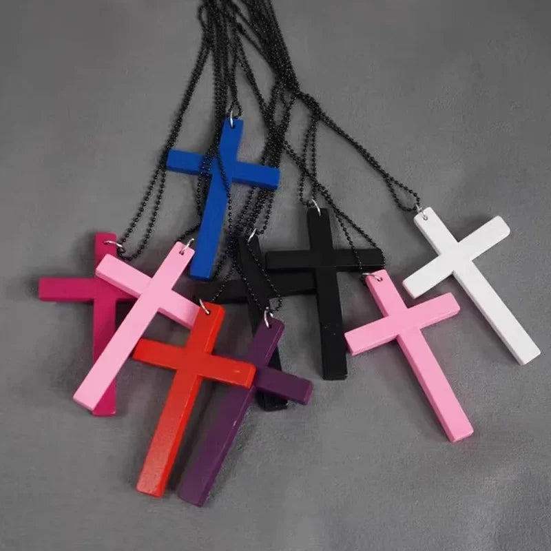 2025 New Cool Punk Gothic Wood Cross Pendant Necklace for Women Men Vintage Black White Hip Hop Y2k Necklace Party Jewelry Gift