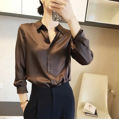 Satin Long Sleeve Blouse For Women Button Front Turn Down Collar Solid