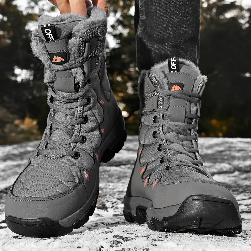 Men's Winter Snow Boots Leather Waterproof Mid-Calf Plush Lining Lace-Up