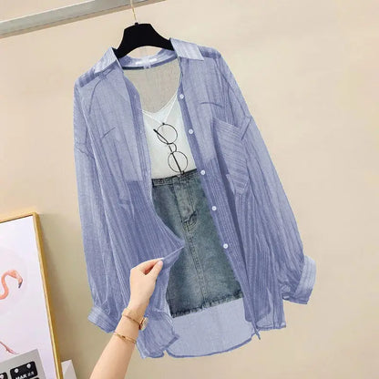 Chiffon See-Through Loose-Fit Long Blouse For Women