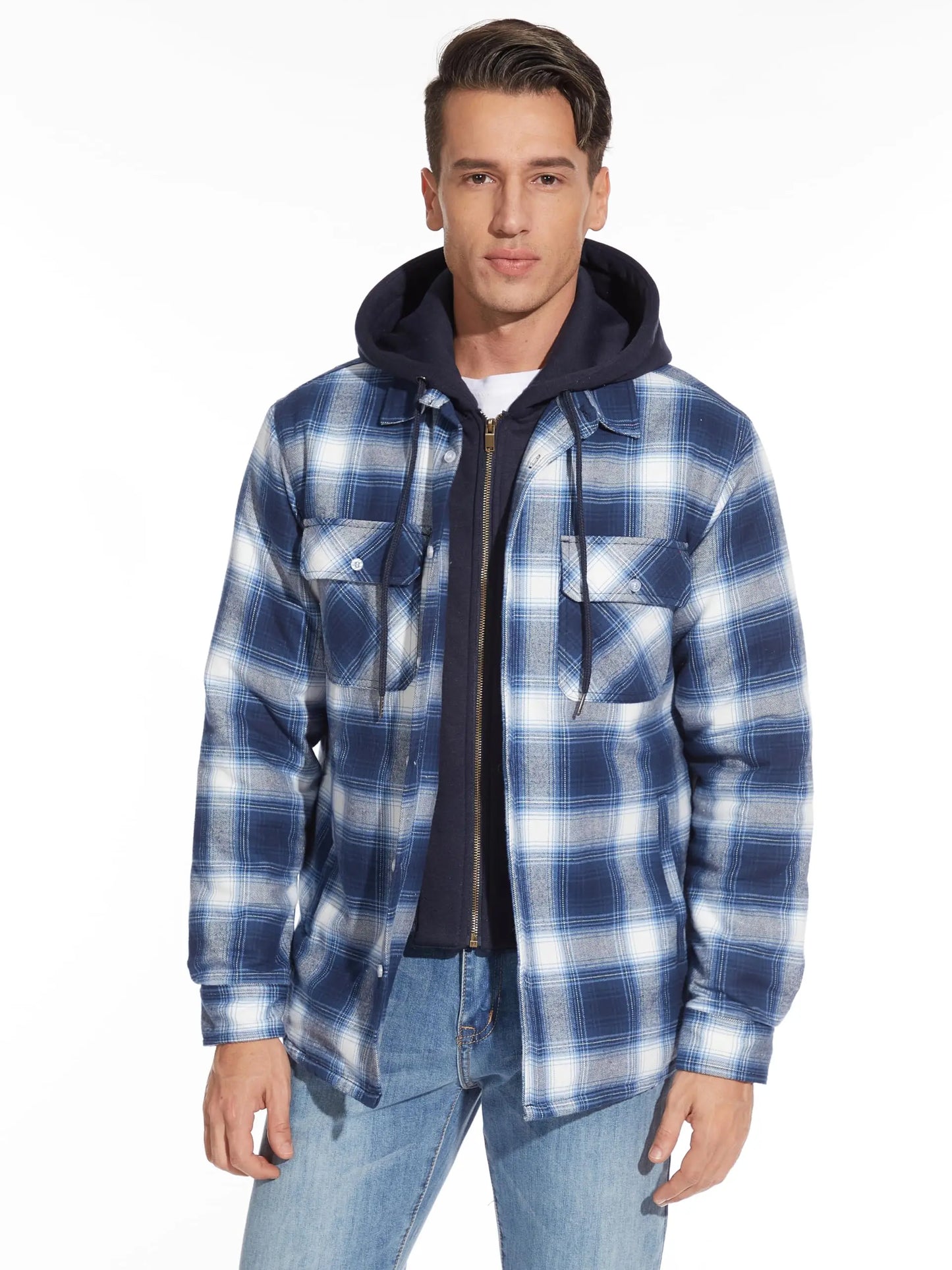 TACVASEN Men's Flannel Shirt Jacket with Removable Hood Plaid Quilted Lined Winter Coats Thick Hoodie Outwear Man Fleece Shirts