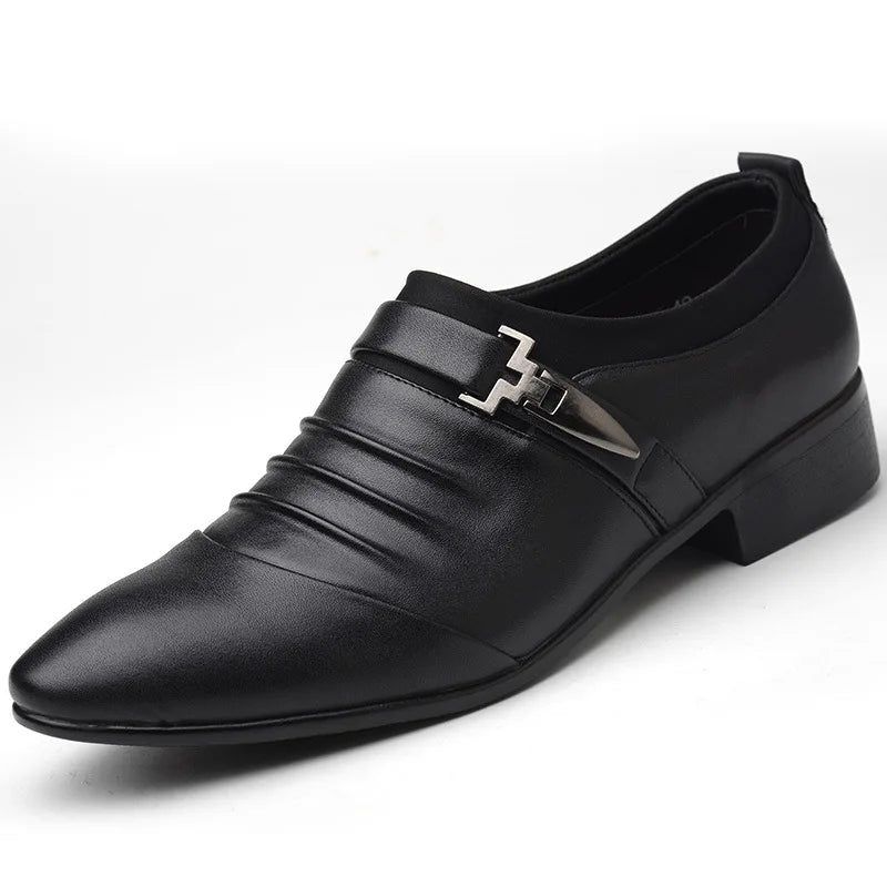 Men Slip On Black Leather Dress Shoes Pointed Toe Rubber Sole Plus Size