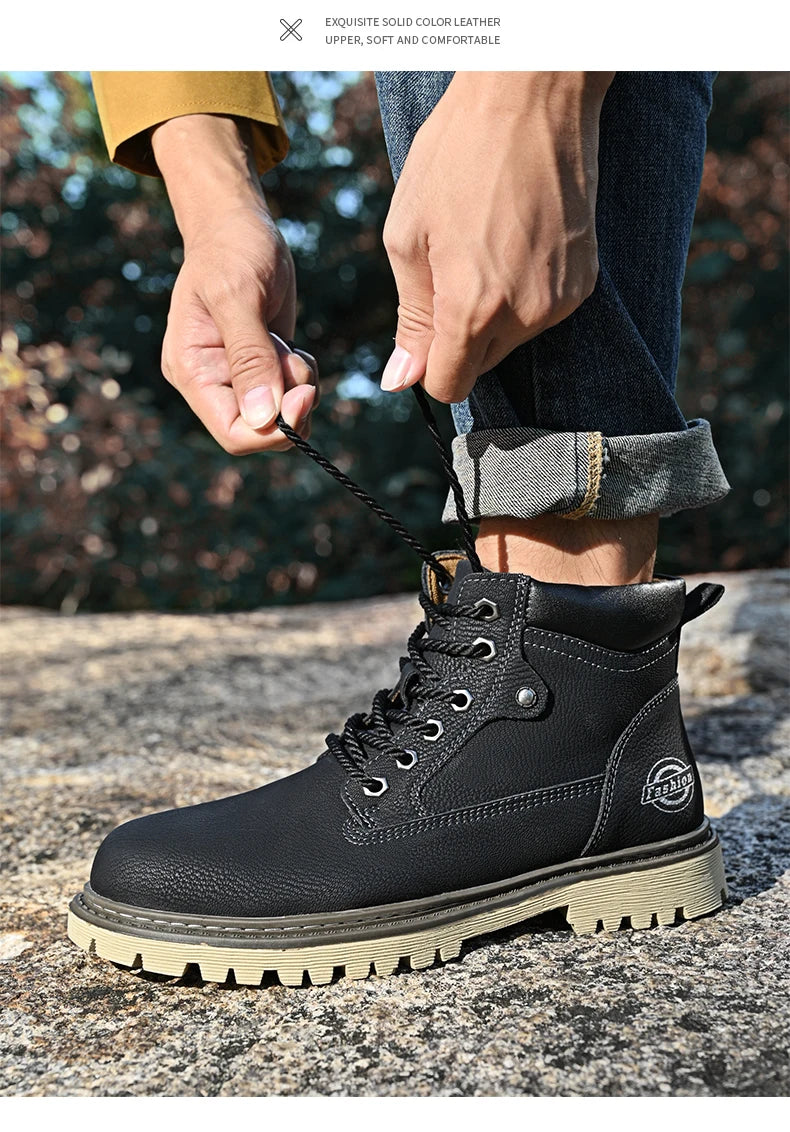 Leather Men Work Boots Mid Calf Ankle High Top Non Slip