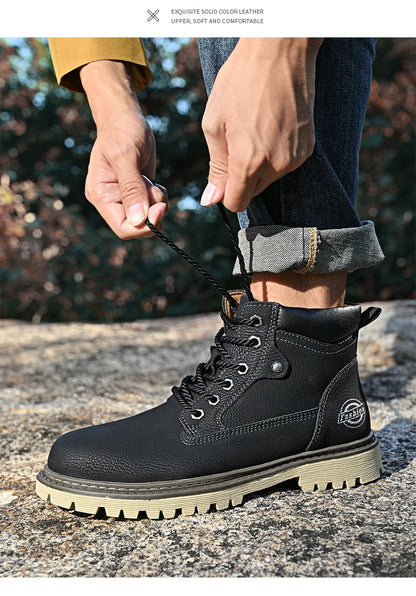 Leather Men Work Boots Mid Calf Ankle High Top Non Slip