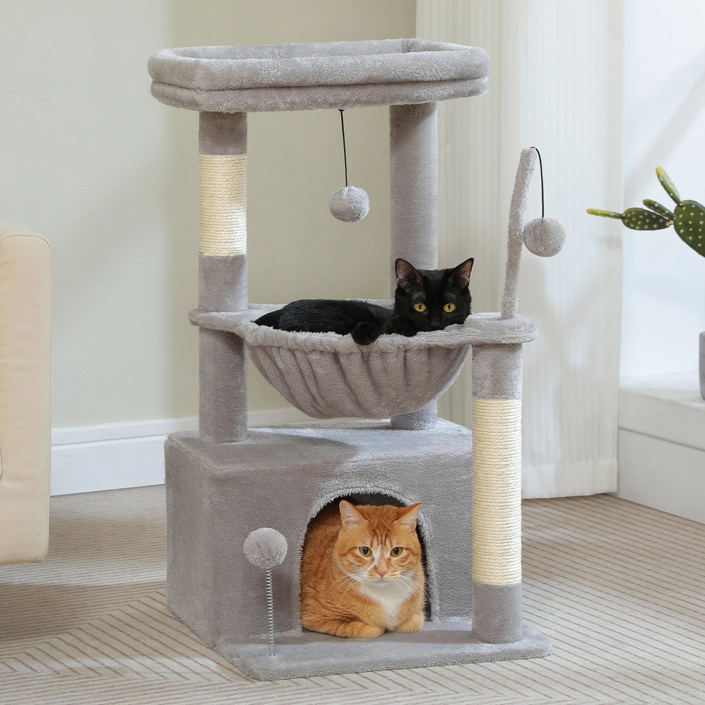 Small Cat Tree with Cozy Condo Hammock Top Perch Cat Scratching Post for Indoor Multi-Level Cat Tower Cat Scratcher Kitten Toys