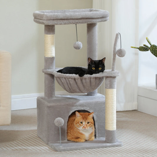 Small Cat Tree with Cozy Condo Hammock Top Perch Cat Scratching Post for Indoor Multi-Level Cat Tower Cat Scratcher Kitten Toys