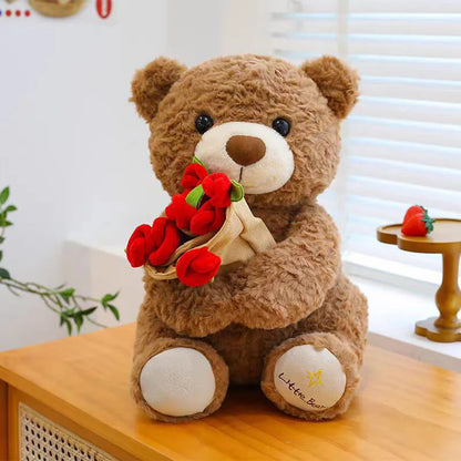Teddy Bear Plush With Roses Soft Stuffed Bear Gift