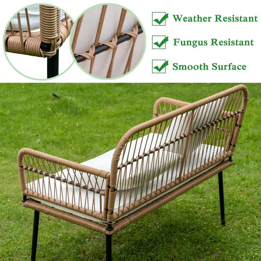 Garden Outdoor Patio Love Seat,Boho Rattan Chair Sofa Wicker Couch All Weather Couple Seat,Beige Rattan White Cushion Balcony Ch