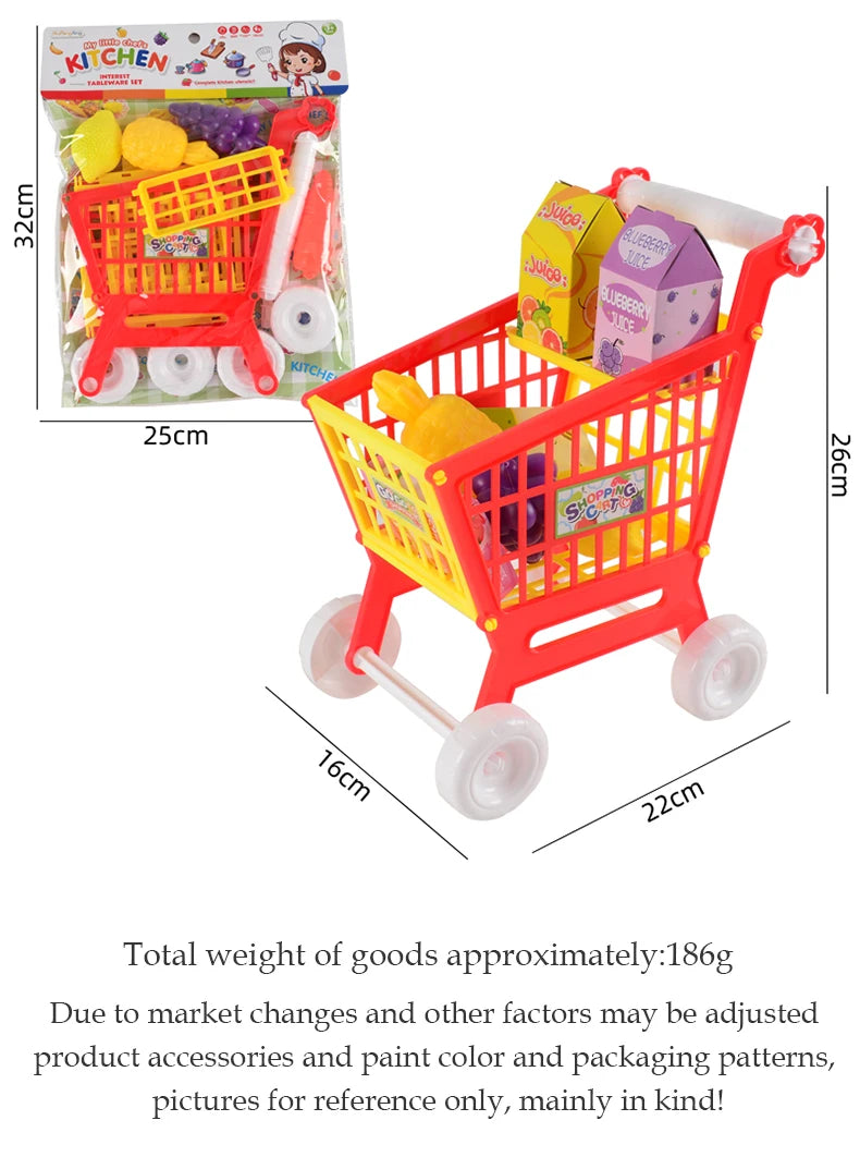 Shopping Cart Toys, Trolley for Groceries Supermarket Playset Fruit Vegetables Play Food Role Kitchen Store Toys for 3+ Kids
