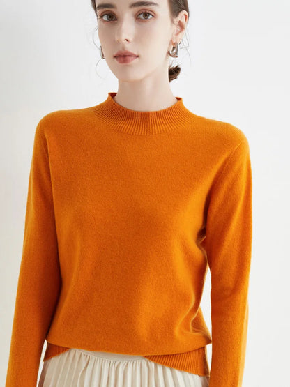 Women Mock Neck Knit Pullover Sweater Solid Cotton Acetate Autumn Winter