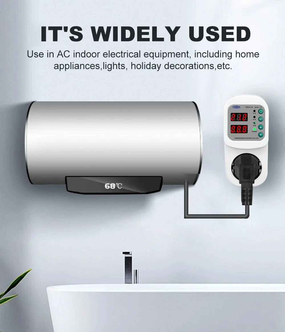 TOMZN Automatic Voltage Current Protector Socket AC110V 220V Adjustable 1-16A Power Surge Protector EU Plug Socket TOSVA-16