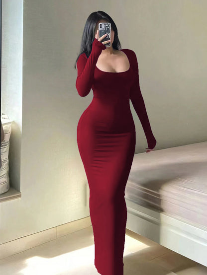 Women's Solid Long Sleeve Bodycon Dress Ankle Length Polyester Elastane