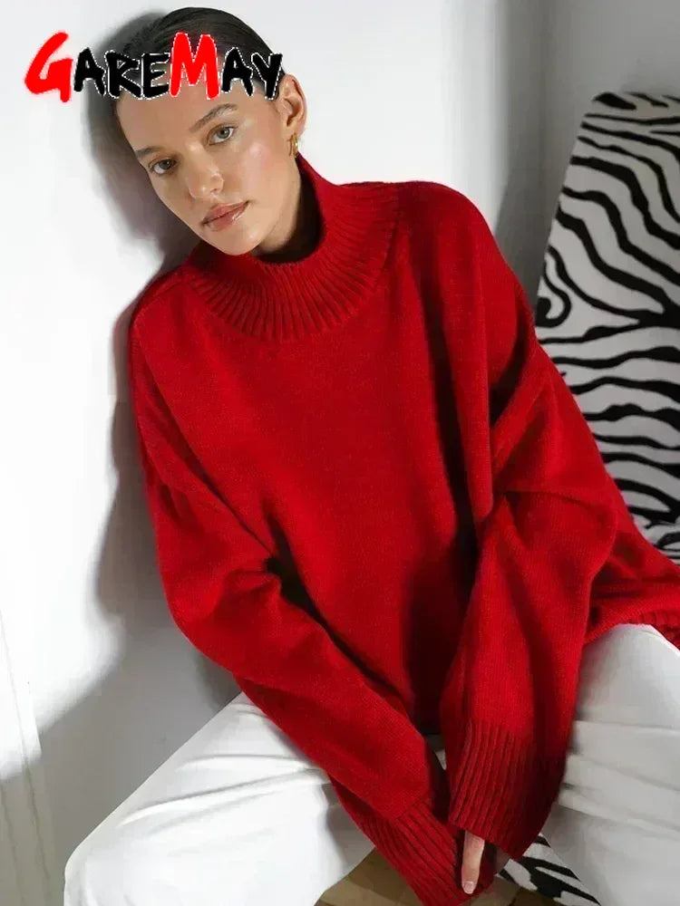 Women's Oversized Turtleneck Knitted Sweater Regular Length Soft Knit