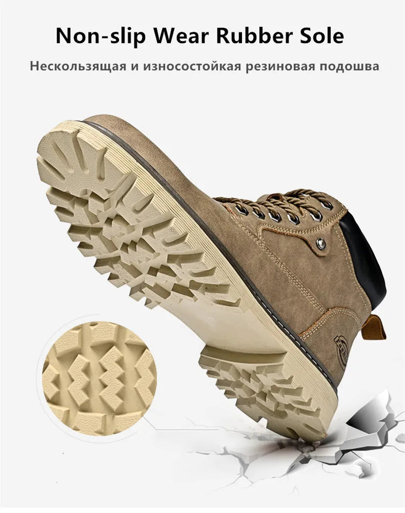 Leather Men Work Boots Mid Calf Ankle High Top Non Slip