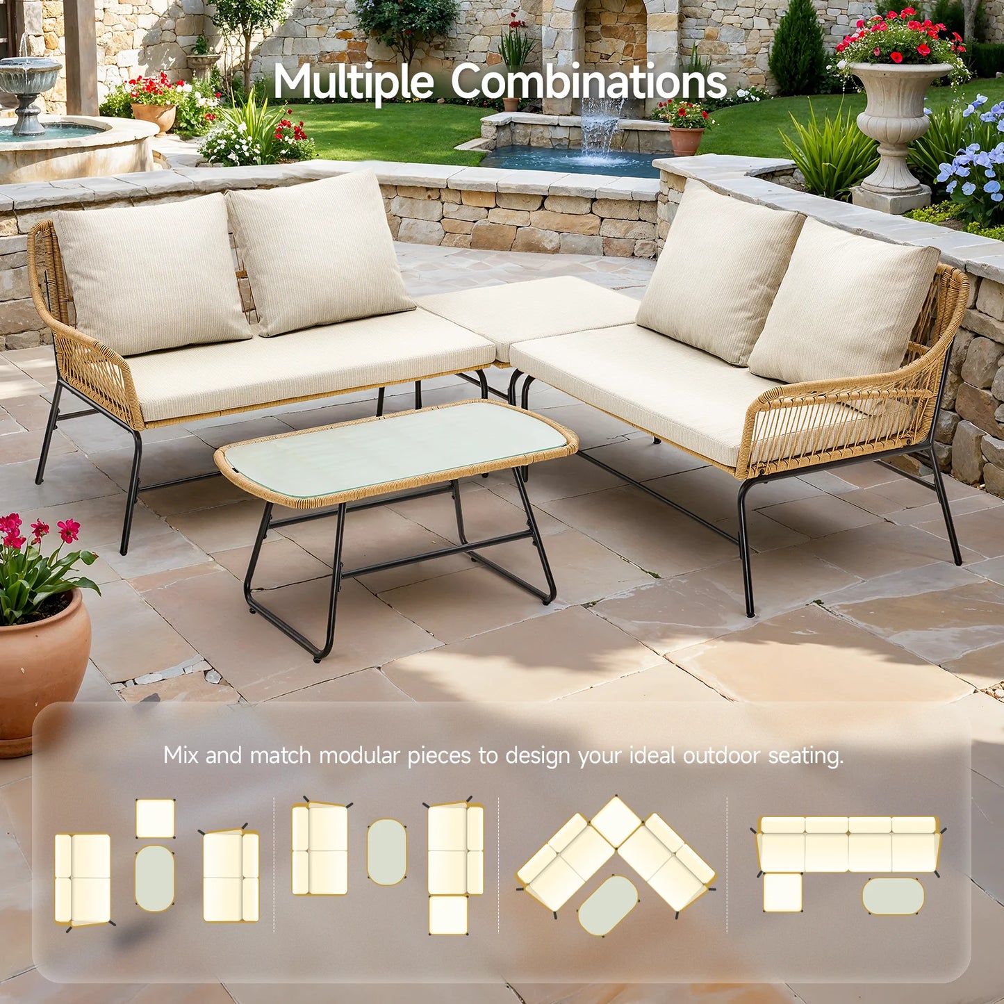 4-Piece Outdoor Sectional Set, Wicker Patio Couch Sets and Glass Coffee Table, L-Shaped Waterproof Olefin Fabric Outdoor Sofa