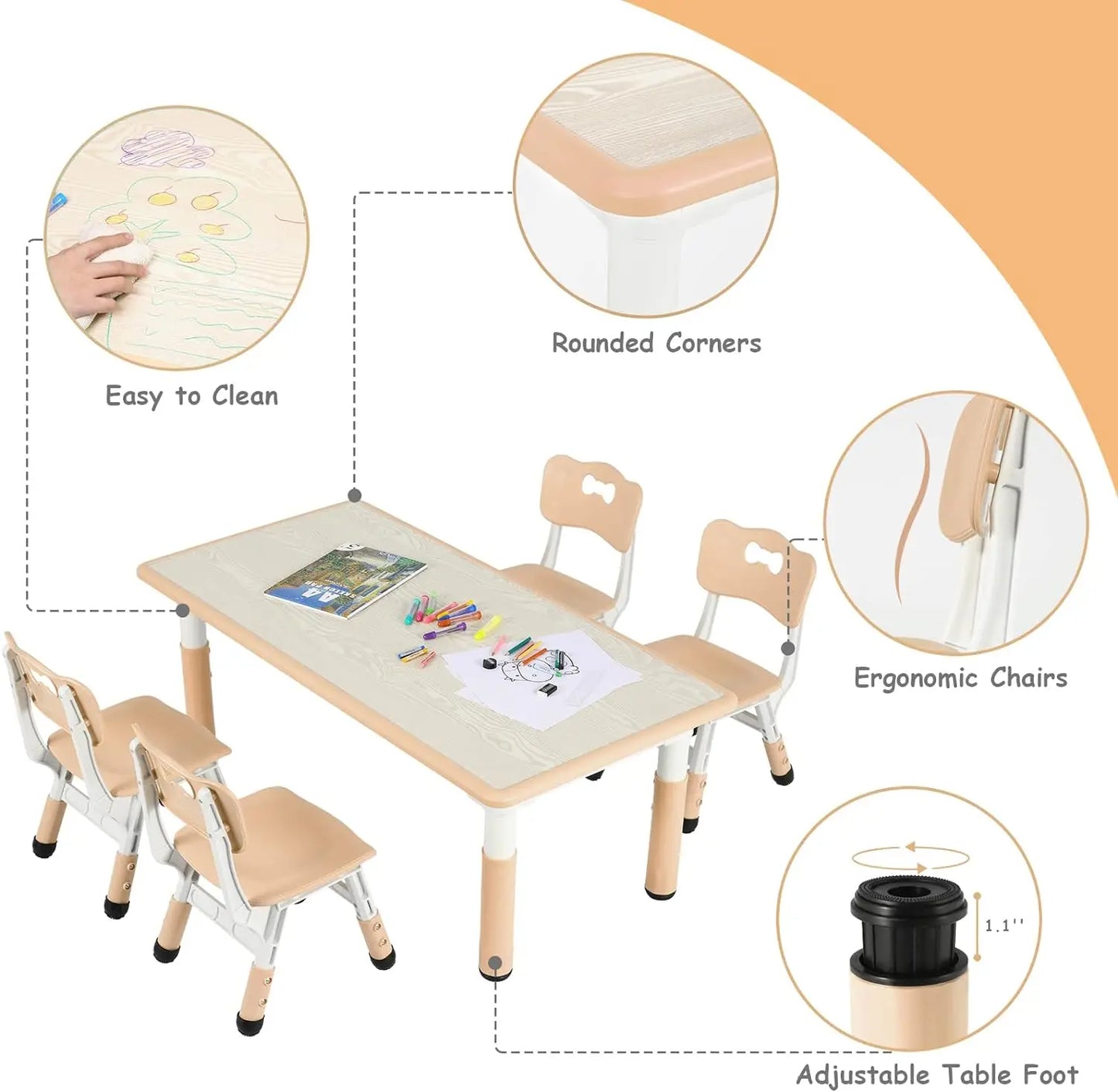 Kids Table and 4 Chairs Set, Height Adjustable Toddler Table and Chair Set, Graffiti Desktop, Non-Slip Legs, Children Multi-Acti