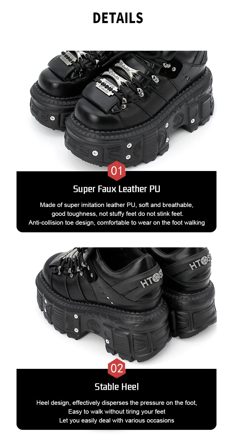 2025 New Punk Style Women Shoes Lace-up Heel Height 6CM Platform Shoes Woman Gothic Ankle Rock Boots Metal Decor Woman Sneakers