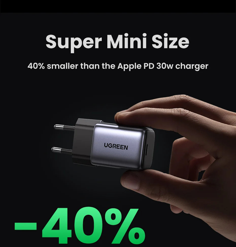UGREEN GaN 30W Fast Charger for iPhone 15 14 13  PD3.0 Charger for iPad Pro samsung Xiaomi Type C Mobile Phone Charger