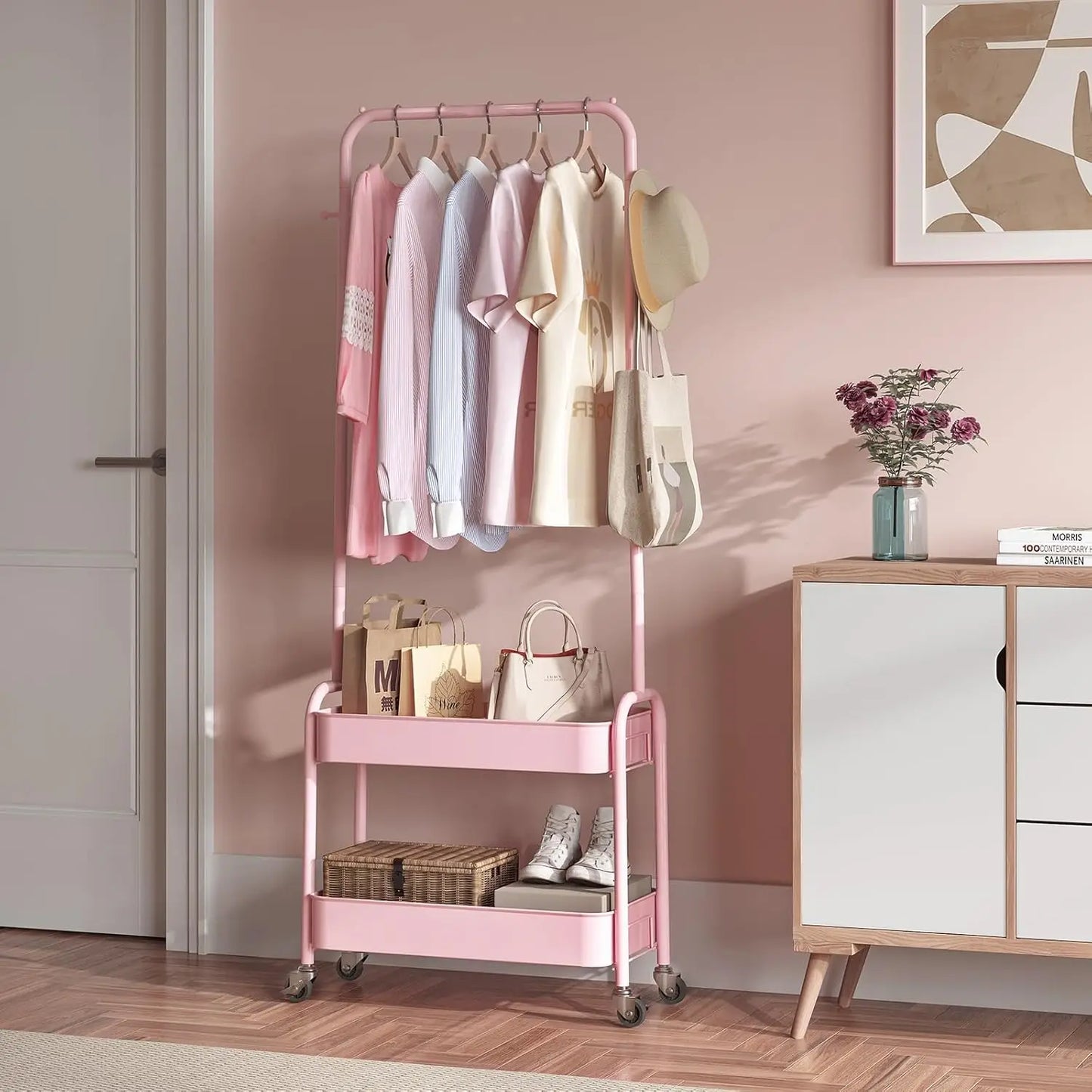 Kids Rolling Clothes Rack with Wheels and Baskets, Pink Storage Organizer for Children's Bedroom