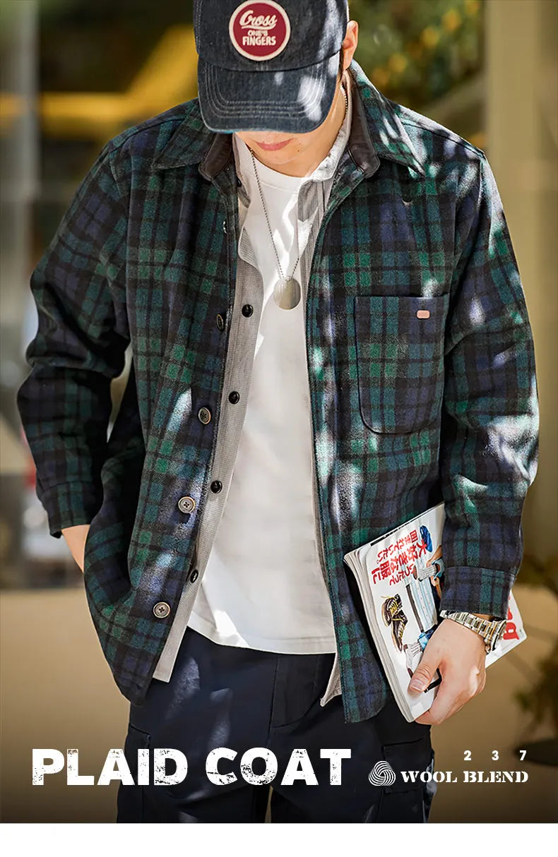 Maden American Retro Blue Green Plaid Wool Jacket Loose Thick Plaid Shirt Jacket Men's Coat Clothing Spring And Autumn