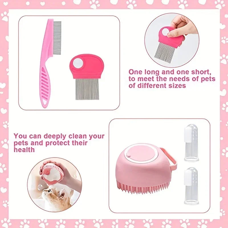Cat Brush & Pet Grooming Kit for Nail Care, Bathing, and Flea Removal