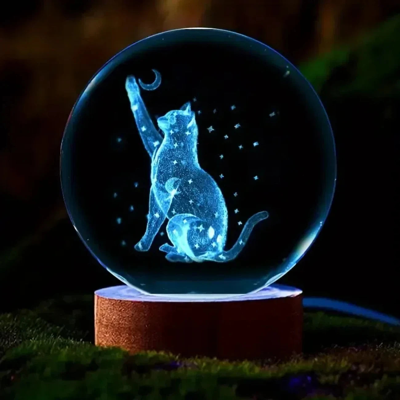 3D Laser Cat & Moon Star Crystal Ball Night Light
