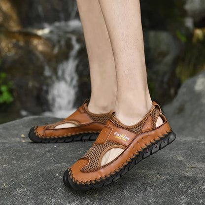 Men's Breathable Leather and Mesh Sandals with Elastic Band