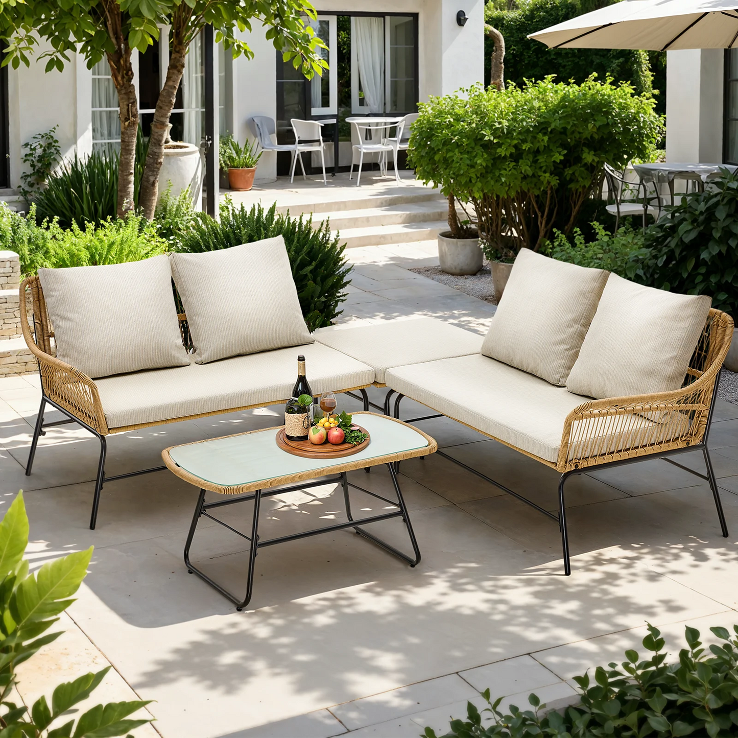 4-Piece Outdoor Sectional Set, Wicker Patio Couch Sets and Glass Coffee Table, L-Shaped Waterproof Olefin Fabric Outdoor Sofa