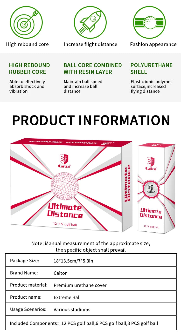 Caiton - Ultra-long distance golf ball, double core, aerodynamic design, flight increased by 40 yards +, 12/6/3pcs（opt）