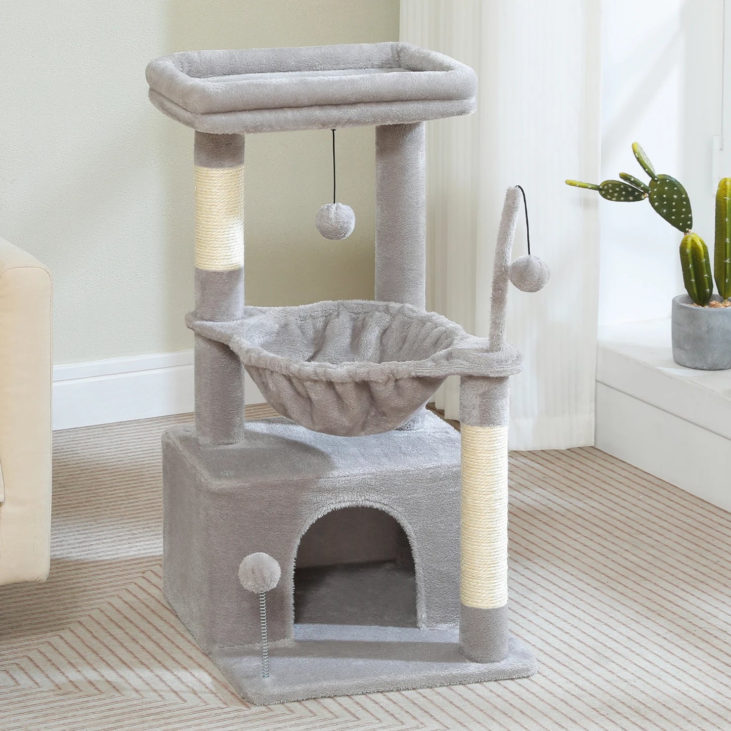 Small Cat Tree with Cozy Condo Hammock Top Perch Cat Scratching Post for Indoor Multi-Level Cat Tower Cat Scratcher Kitten Toys
