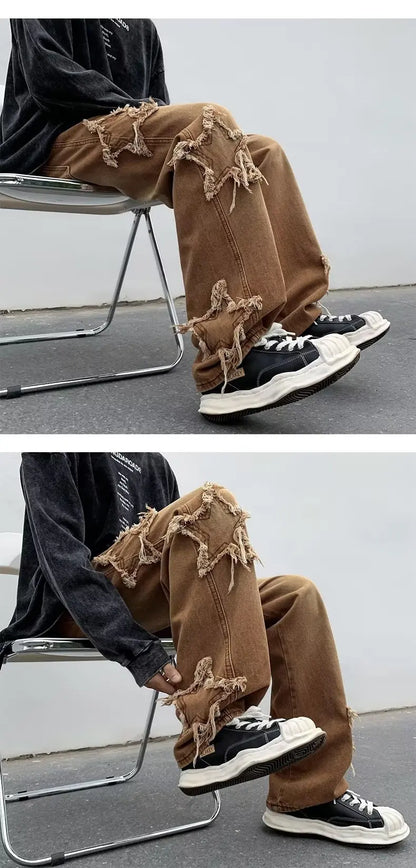 Men's Brown Cotton Jeans With Star Embroidery Straight Fit