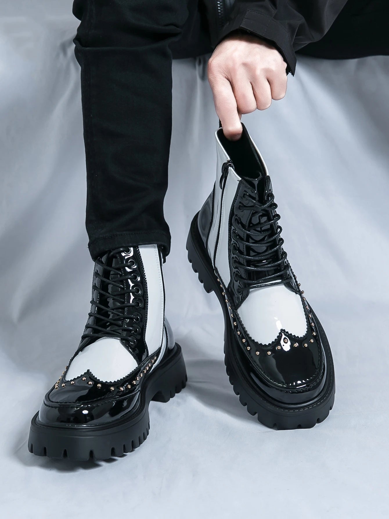 Men's Mid-Calf Leather Motorcycle Boots Pointed Toe Lace-Up