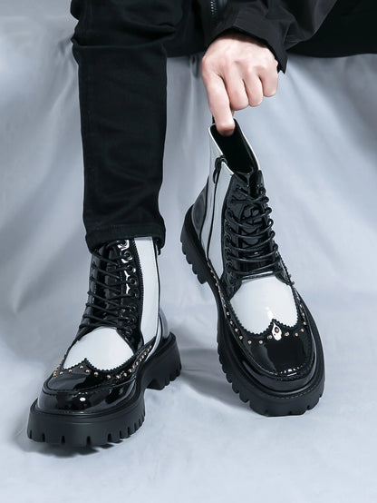 Men's Mid-Calf Leather Motorcycle Boots Pointed Toe Lace-Up