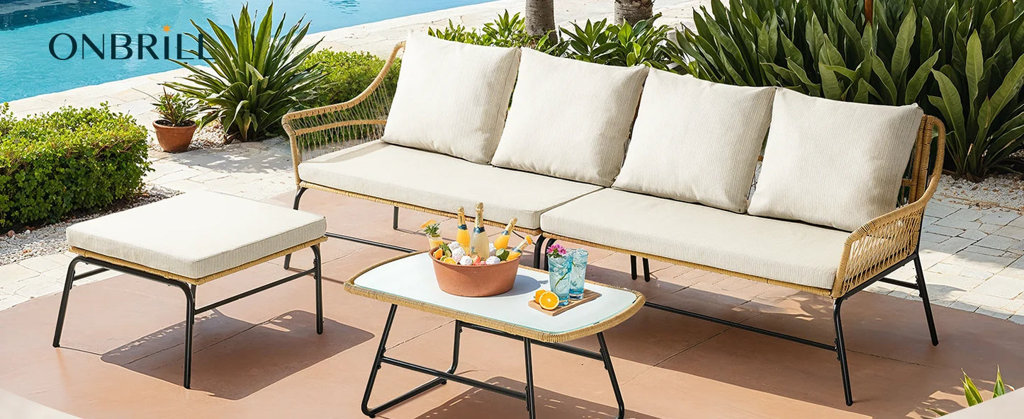 4-Piece Outdoor Sectional Set, Wicker Patio Couch Sets and Glass Coffee Table, L-Shaped Waterproof Olefin Fabric Outdoor Sofa