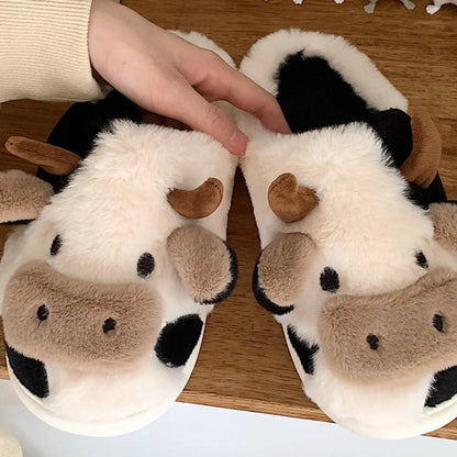 Cartoon Cow Plush Slippers For Women Winter Indoor Non-Slip Rubber Sole