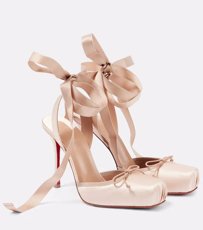 Women's Square-Toed Satin High Heel Sandals With Ankle Straps