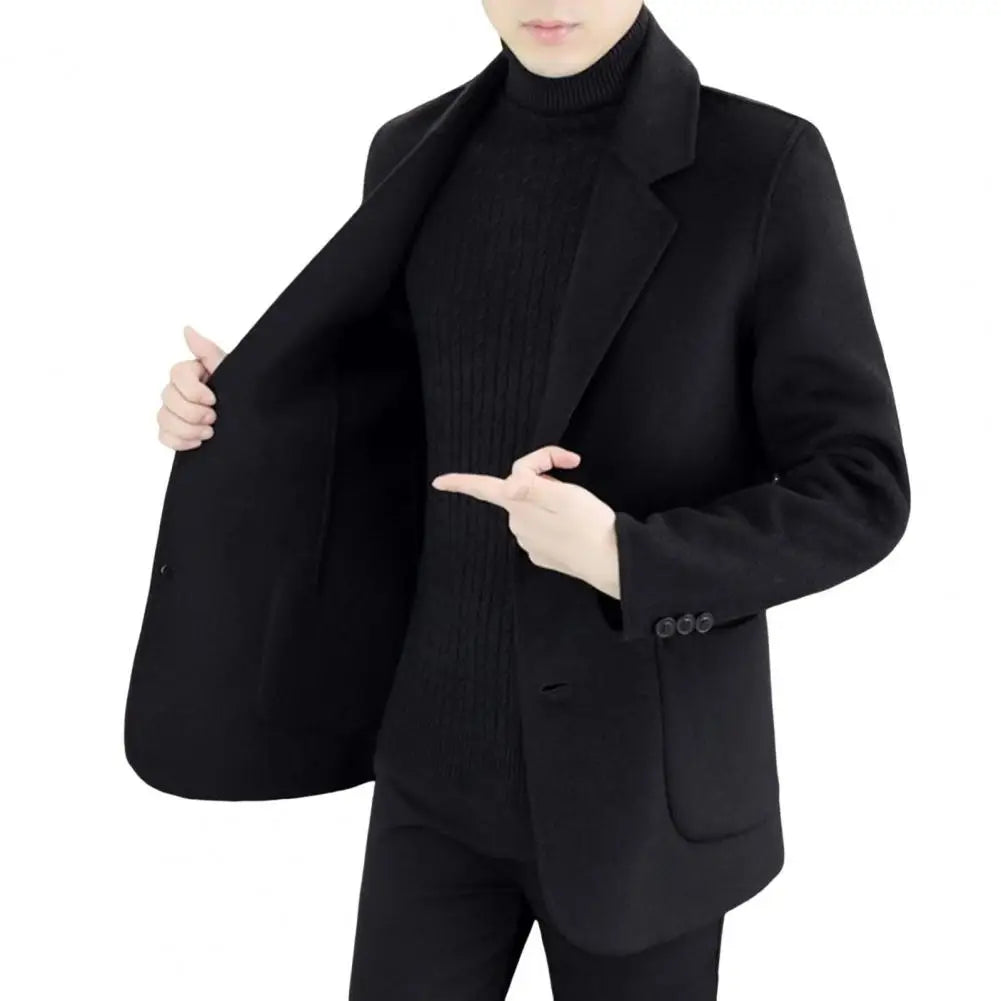 Wool Suit Coat Lapel Long Sleeve Single Breasted Two-Button Jacket With Pockets Solid Color Suit Jacket Black Denim Male Wear