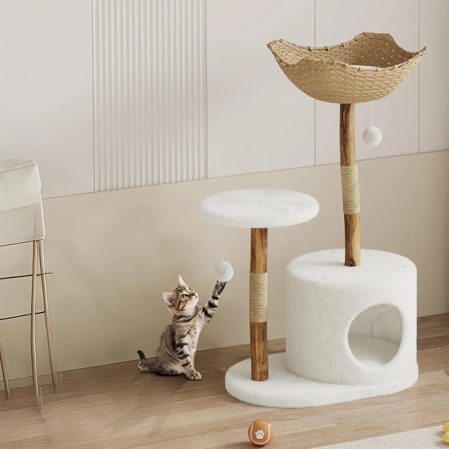 Cat Tree for Large Cats, Wood Cat Tower with Rattan Basket and Platform, Luxury Condo & Perches,Climbing Tree House for Cats