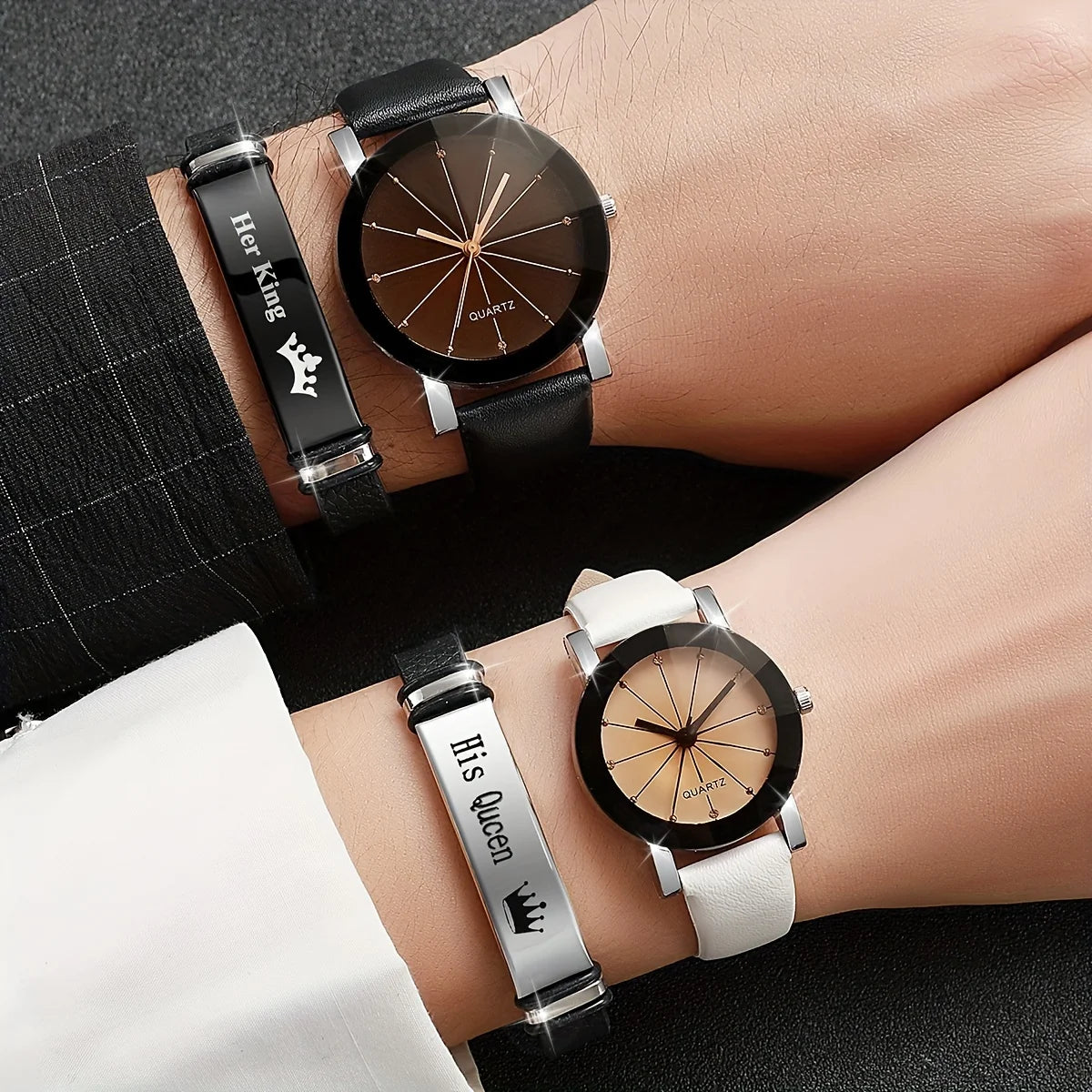 4 Pcs Set Fashion Couple Sports Watch Quartz Watch Luxury Leather Bracelet