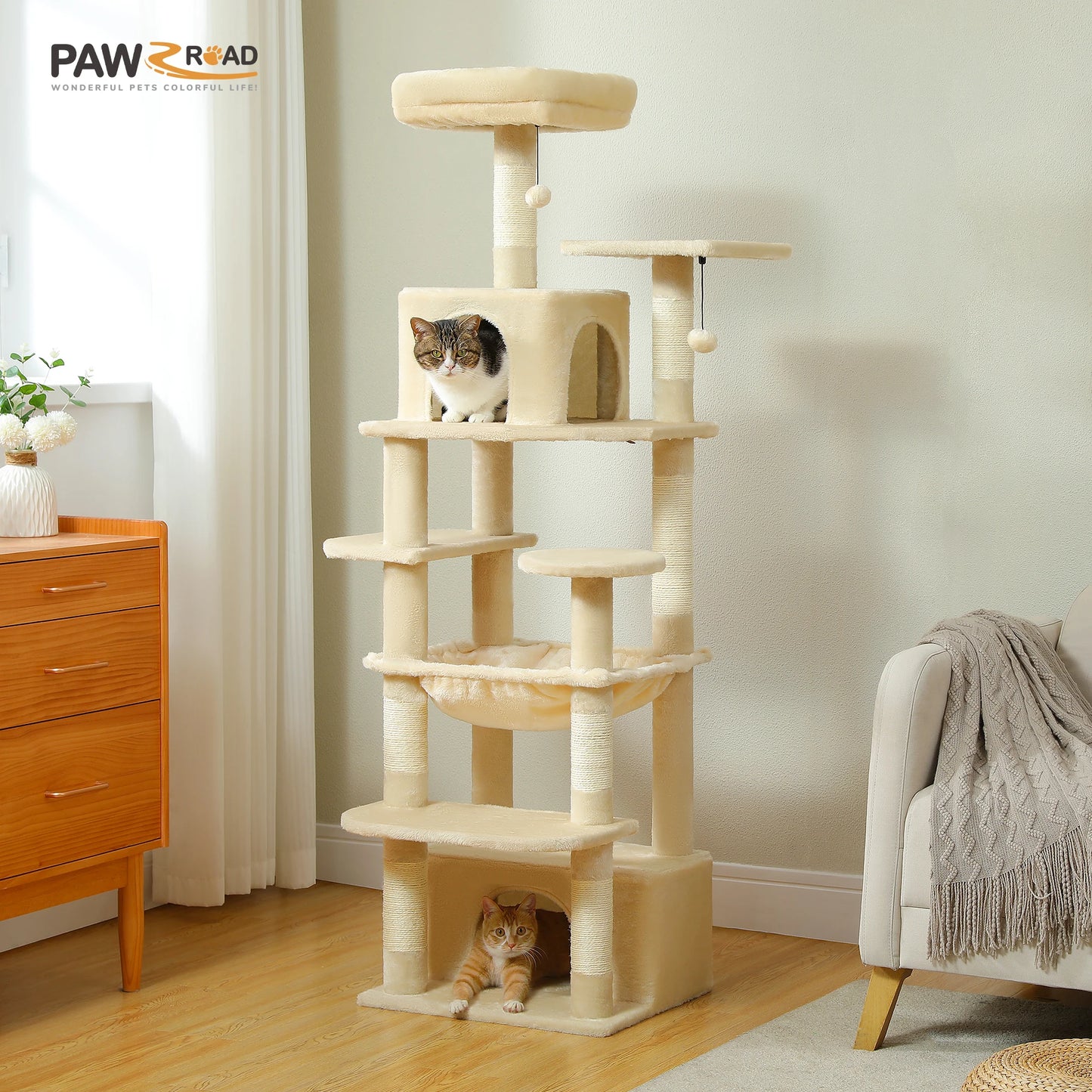 Spacious Cat Tree Tower with Hammocks and Scratching Posts