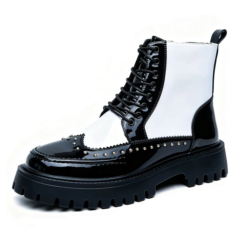 Men's Mid-Calf Leather Motorcycle Boots Pointed Toe Lace-Up