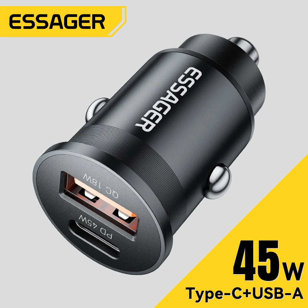 Essager 45W Mini USB Car Charger QC 3.0 PD 3.0 SCP AFC USB Type C Car Mobile Phone Charger For iPhone Huawei Samsung Xiaomi iPad