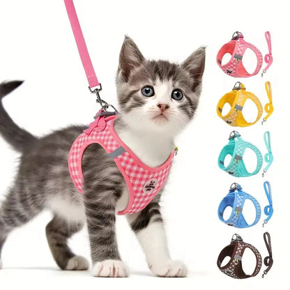 Checkered Pet Harness and Leash Set Breathable Nylon Reflective