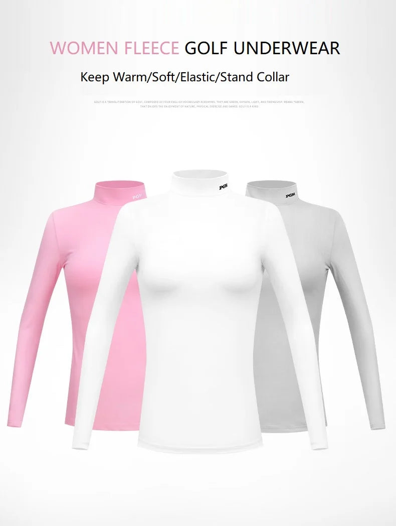 PGM Autumn Winter Women Fleece Golf Underwear Ladies Warm Golf Long-sleeved T-shirt Stand Collar Shirt Elastic Windproof Tops