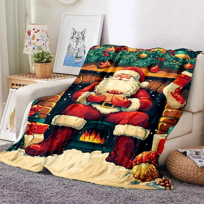 Cartoon Santa Snowman Throw Blanket Flannel Polyester Cotton
