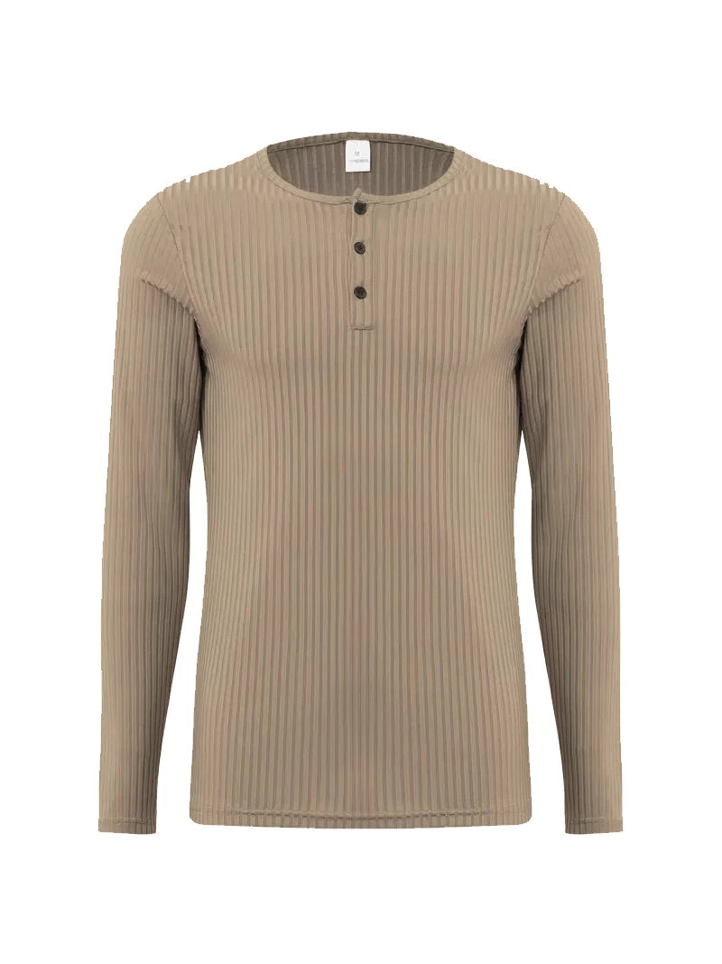 Autumn Men's Collarless Breasted Henry Shirt Top Fitness High Stretch Base Shirt Solid Color Plus Size Casual Long Sleeve