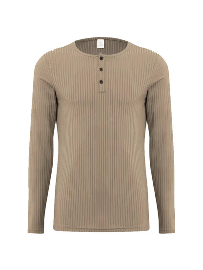 Men's Collarless Button-Front Knit Shirt Plus Size Long Sleeve Elastane