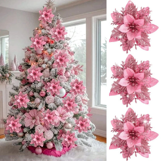 Artificial Pink Christmas Flowers – Xmas Tree Toppers for Home & Holiday Decor